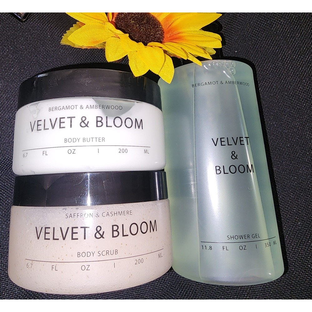 Velvet & Bloom 3pc Bath Set Body Butter Scrub Shower Gel Bergamot Saffron